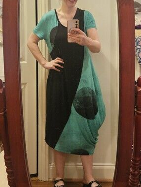OZAI N KU Teal Black Abstract Cocoon Dress| XS